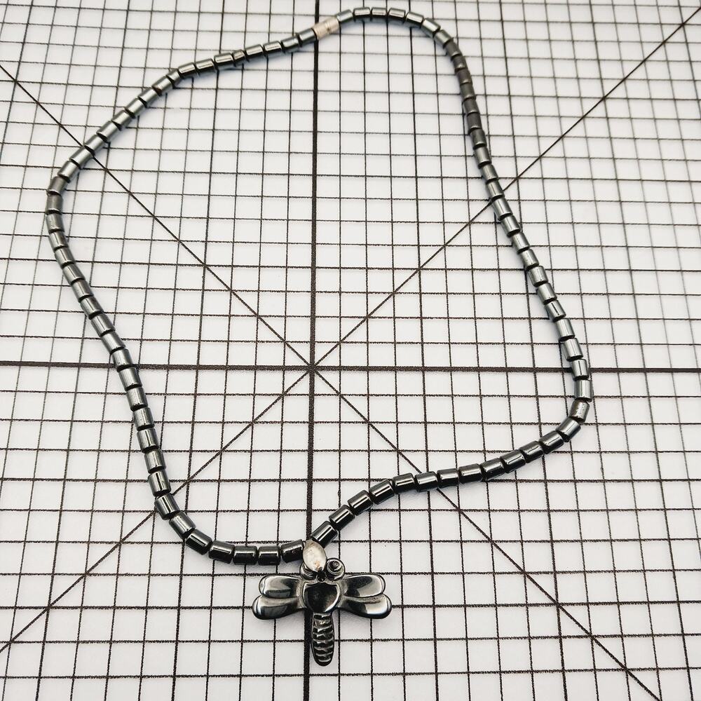 Necklace Dragonfly Hematite Bead Gunmetal Statement VTG Metallic Silver Tone 90s